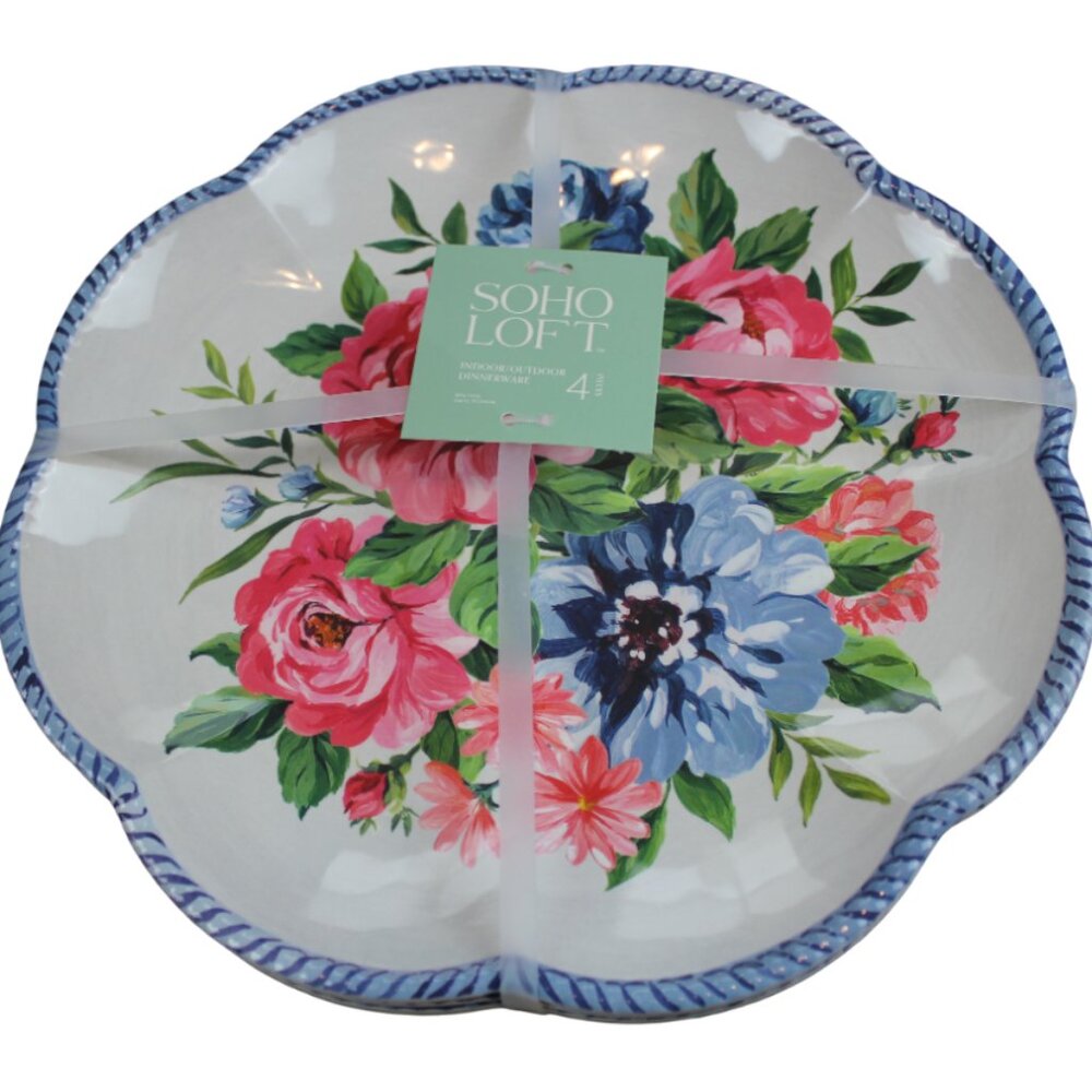Soho Loft Blue Flower Rose Scalloped Set of 4 11" Melamine Dinner Plates NWT HTF